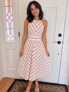 Club Monaco Silk Halter Sundress Size 0 Red White Chevron Flowy Summer Dress XS